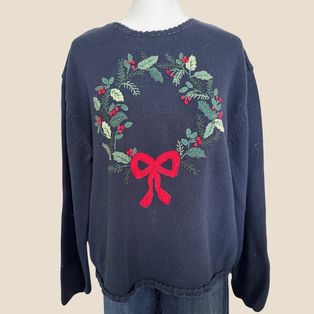 Liz Claiborne Lizsport Navy Blue Christmas Wreath Embroidered Sweater XL